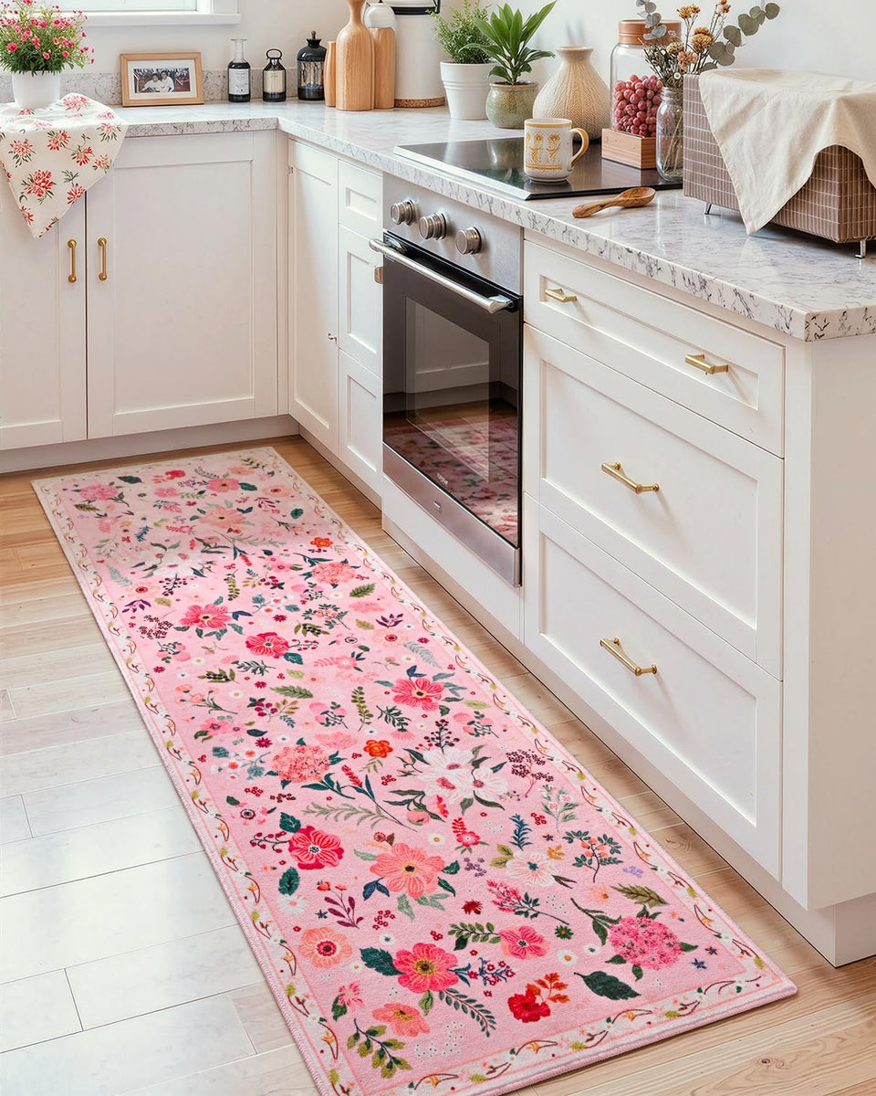 Macgace pink floral runner with vibrant blooms offers soft underfoot comfort for hallways