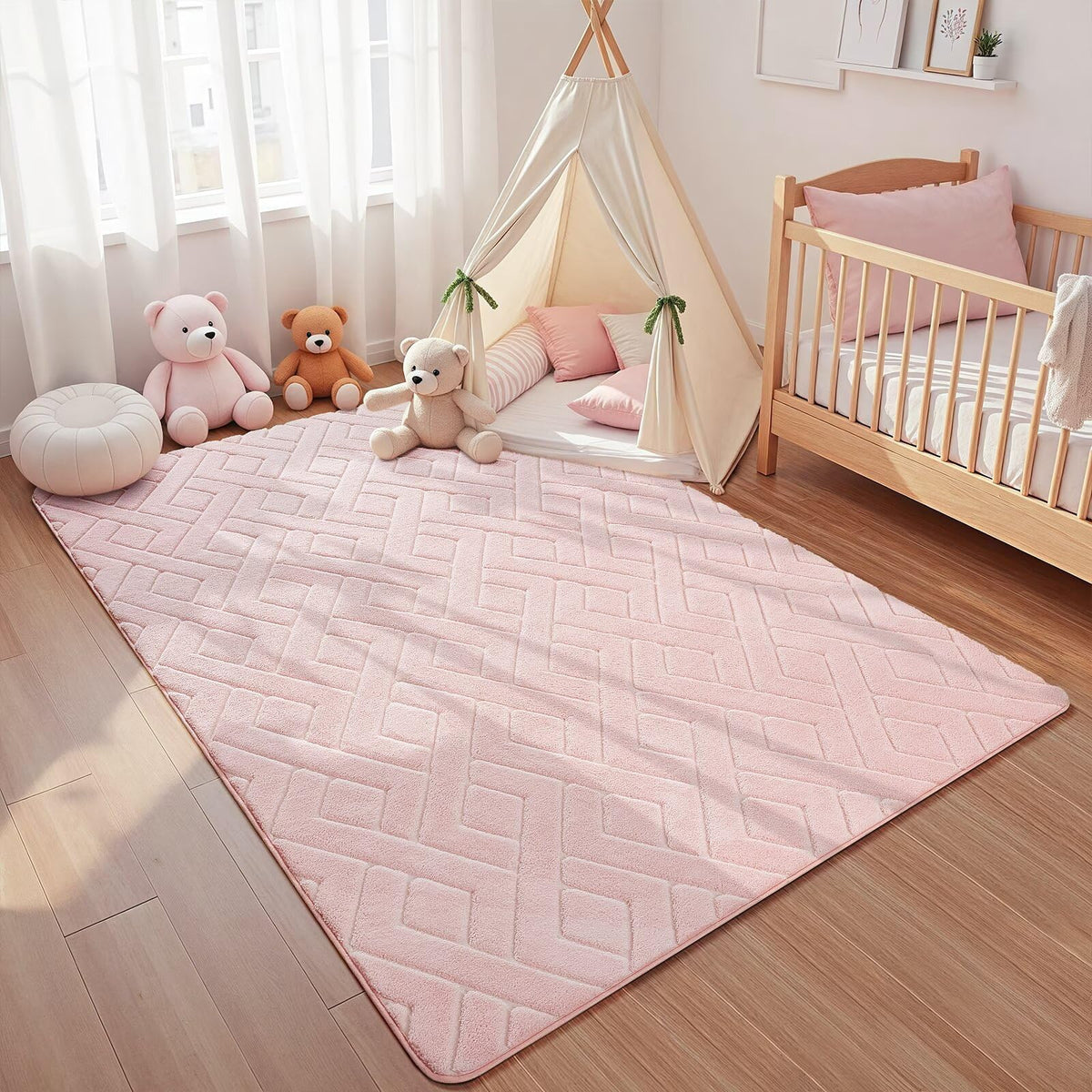 Macgace pink geometric shag rug adds modern style to a kid's space.