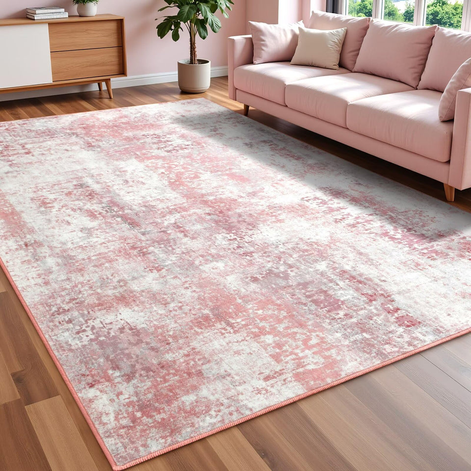 Macgace Washable Abstract Rug front view with pink tones for stylish living spaces