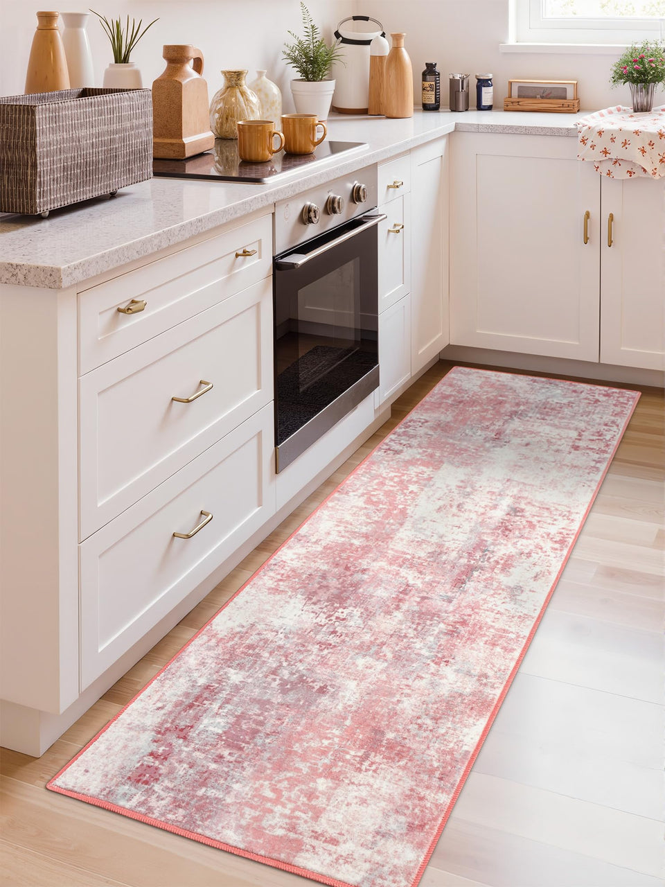 Macgace washable abstract runner rug in pink, front view shows vibrant color blend for living spaces.