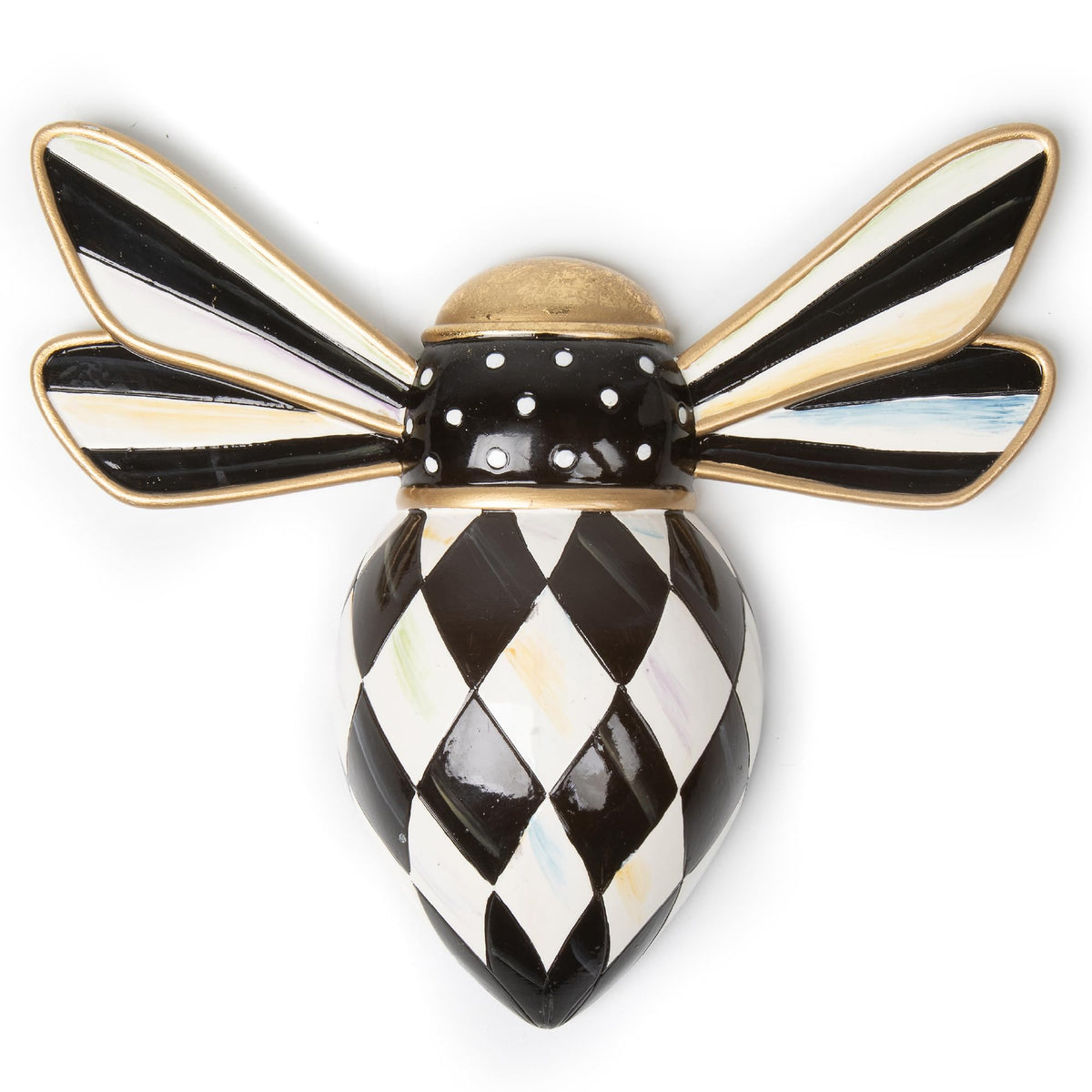 MACKENZIE-CHILDS hanging bee decor with Courtly Check adds a striking living room focal point.