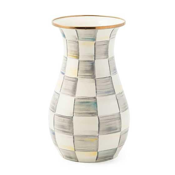 Mackenzie-Childs tall enamel vase Sterling Check close-up, refined centerpiece ideal
