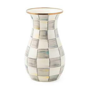 Mackenzie-Childs tall enamel vase Sterling Check close-up, refined centerpiece ideal