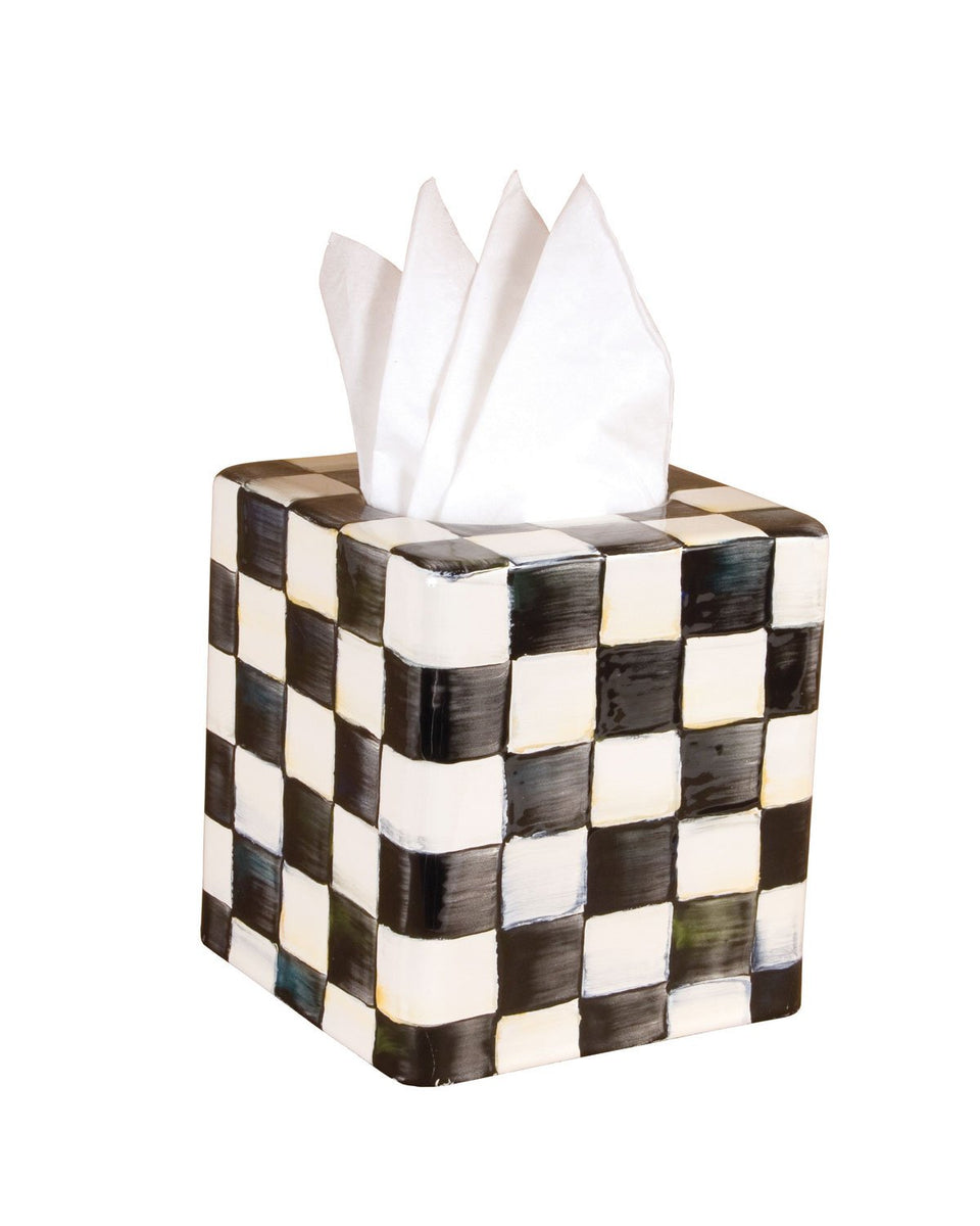 MACKENZIE-CHILDS tissue box cover in Courtly Check square pattern enhances bathroom decor