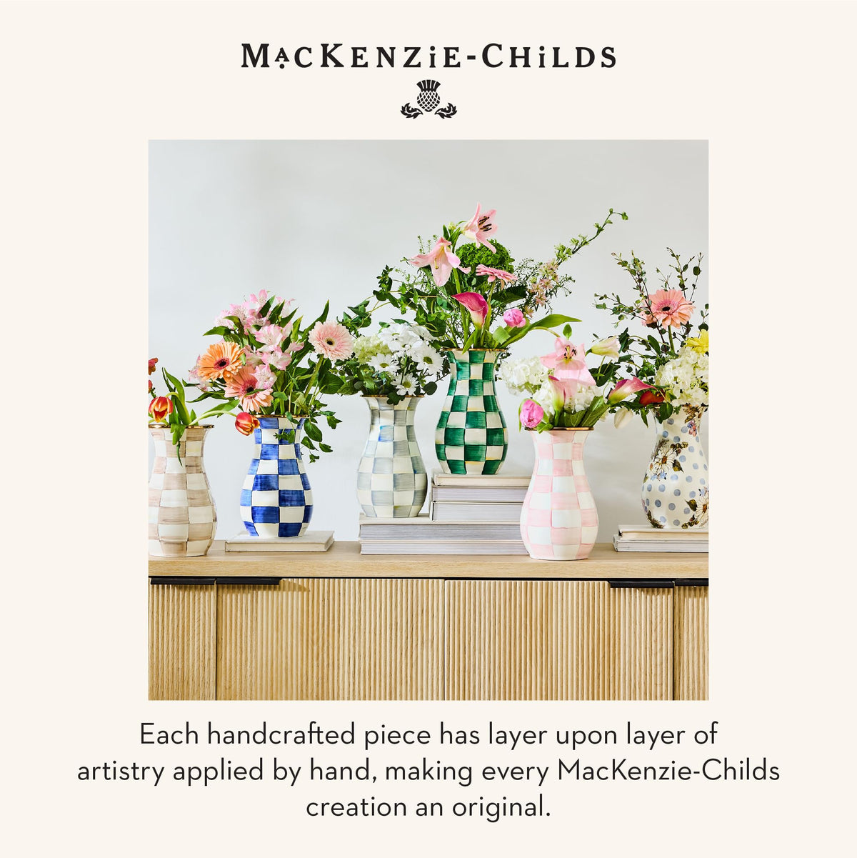 Mackenzie-Childs vase presented as gift-ready decor for weddings or housewarmings