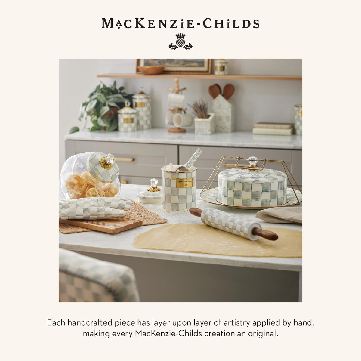 Mackenzie-Childs tall enamel vase in a living room setup for visual impact