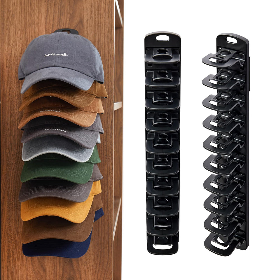MACOPRO hat organizer on wall with 2-pack demonstrates easy access to hats