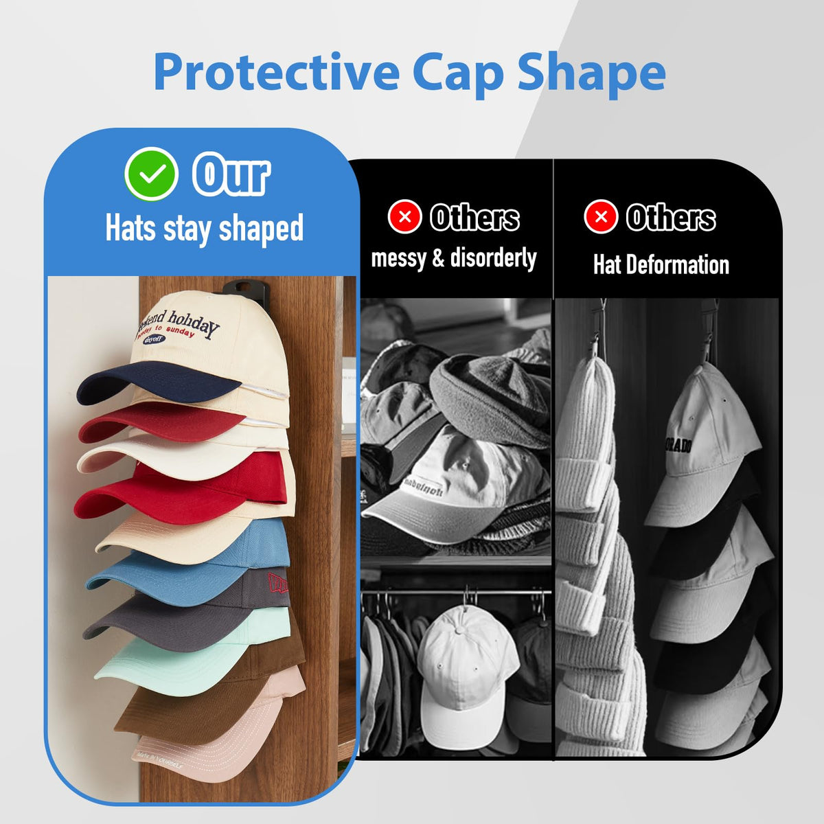 MACOPRO hat rack holds 20 caps per unit for efficient storage