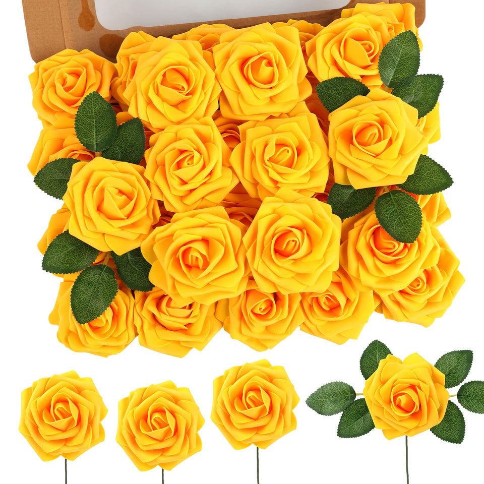 MACTING artificial yellow rose bouquet with 60 pieces for DIY wedding decor.