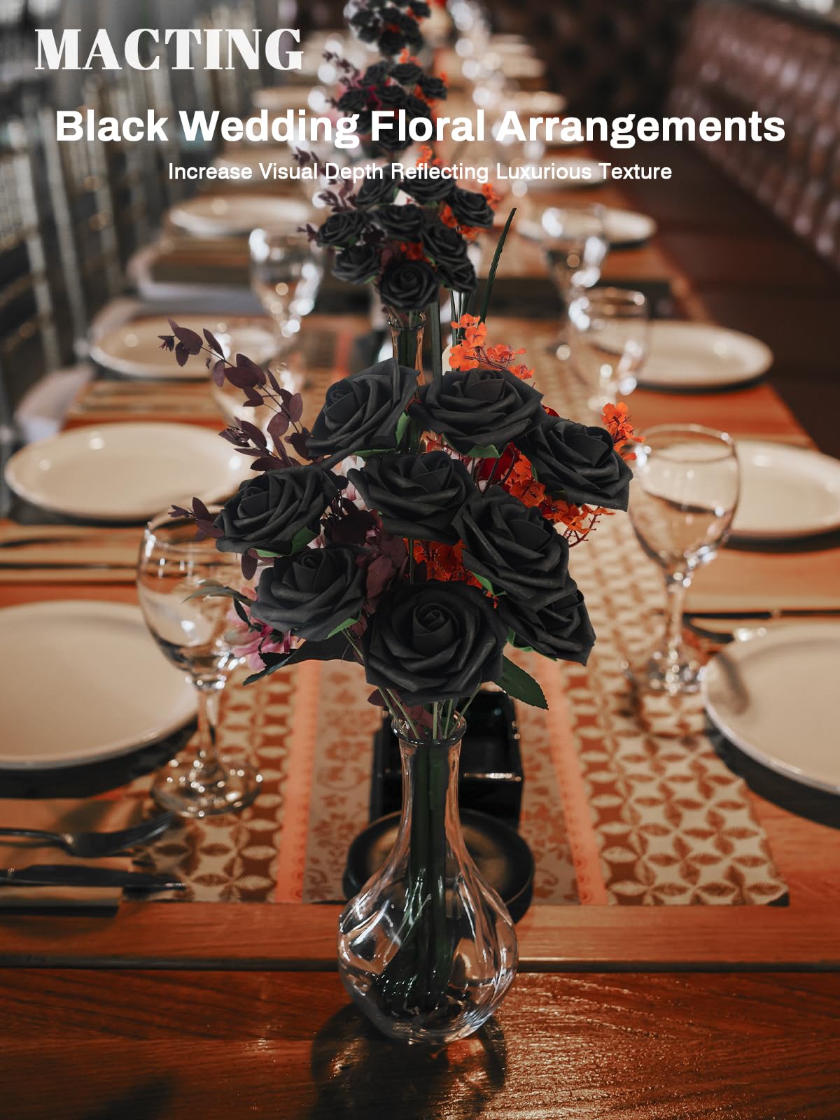 MACTING black foam rose centerpieces add drama to table decor