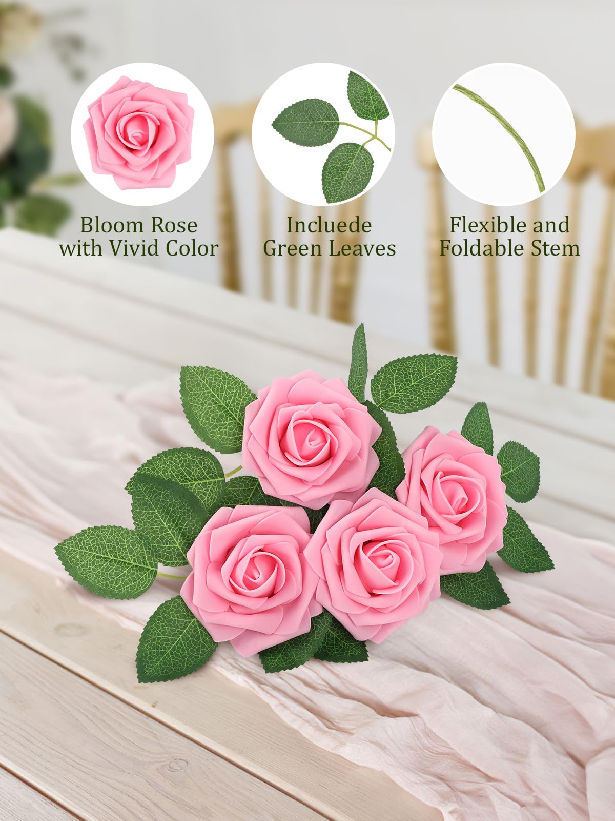 MACTING pink foam rose with leaves ideal for DIY decor projects