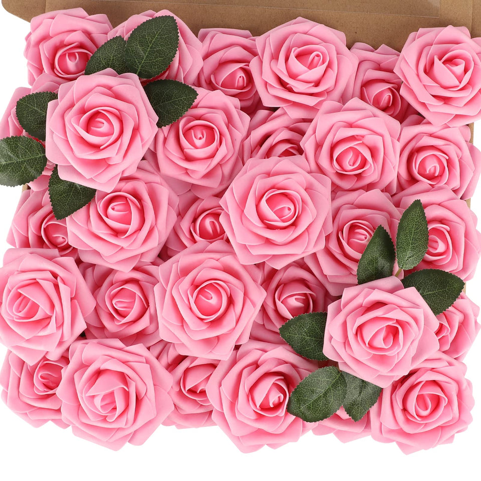 MACTING pink foam rose close up showing real touch petals for wedding bouquets