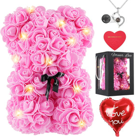 MACTING Rose Bear with pink flowers and lights in a clear gift box for romance.