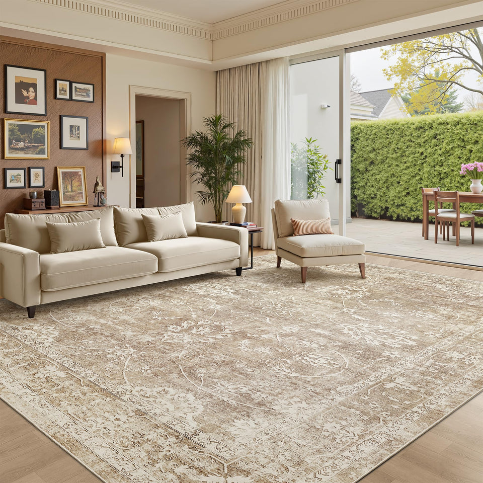 Madane 8x10 living room rug in beige-brown adds warmth and versatility.
