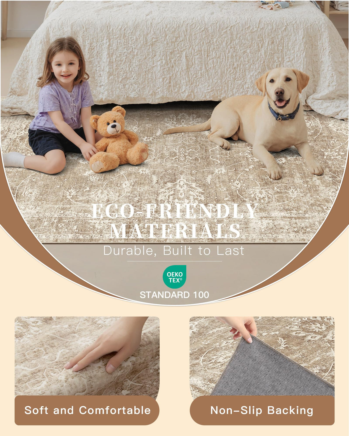 Madane rug low pile 0.24 inch prevents snagging and enhances comfort.
