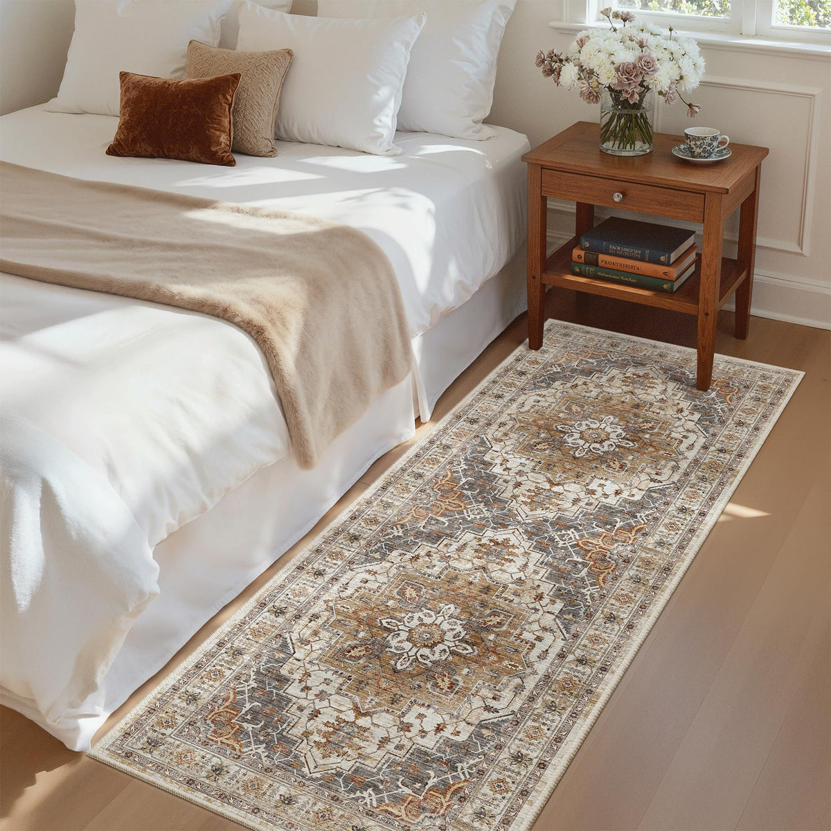 Madane hallway runner 2x5 turmeric grey with non-slip backing keeps entryways secure.