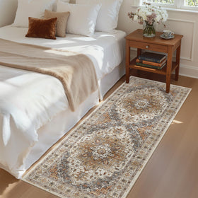 Madane hallway runner 2x5 turmeric grey with non-slip backing keeps entryways secure.