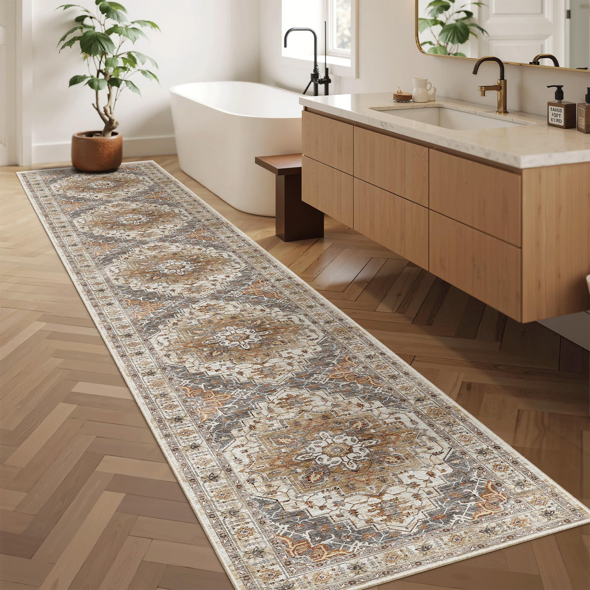 Madane hallway runner in foyer shot illustrates fit for long hallways.