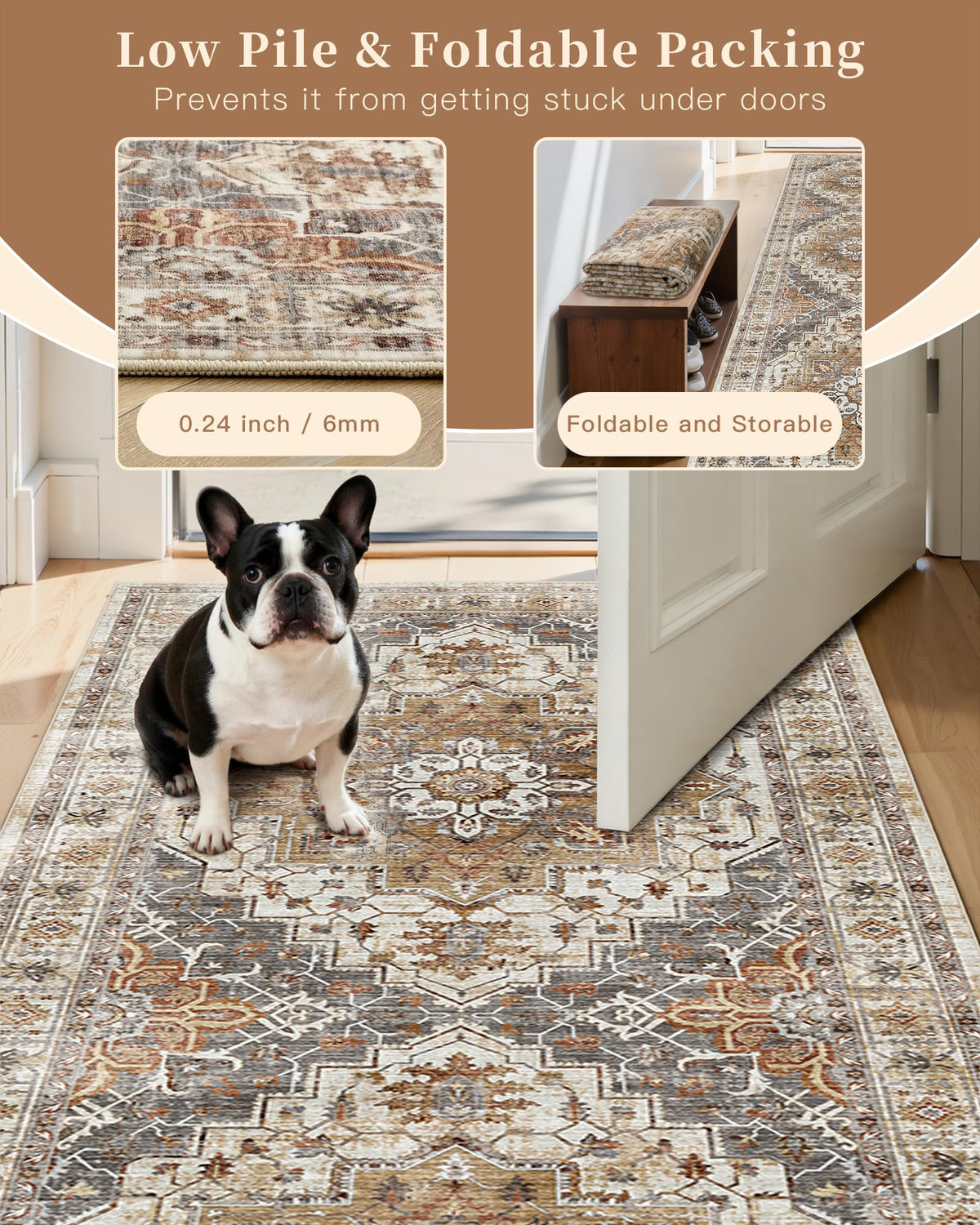 Madane hallway runner rolled for storage shows easy space-saving solution.