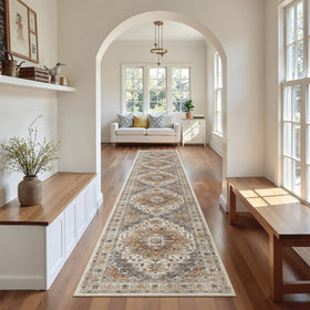 Madane hallway runner in turmeric grey front view highlighting durable weave for busy entryways.