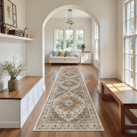 Madane Runner Rug in turmeric-grey settles in entryway with durable low-pile texture.