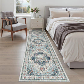 Madane Runner Rug 2x8 blue folded for compact storage.