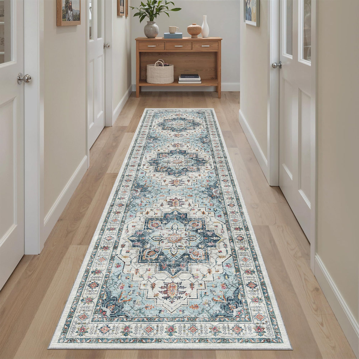 Madane Runner Rug 2x8 blue hallway with non-slip backing for busy entryways.