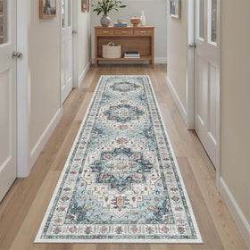 Madane Runner Rug 2x8 blue hallway with non-slip backing for busy entryways.