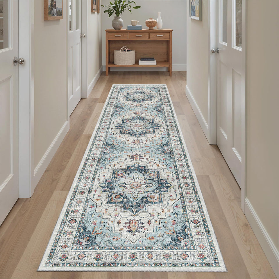 Madane Runner Rug 2x8 blue hallway with non-slip backing for busy entryways.
