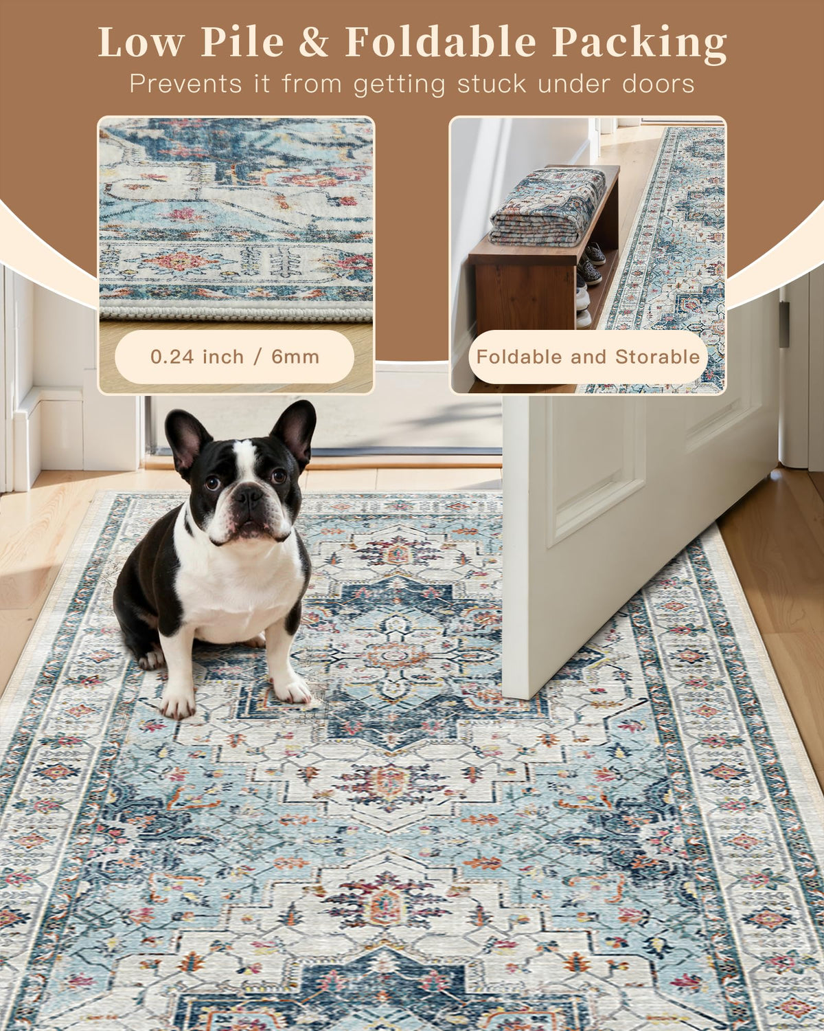 Madane Runner Rug 2x8 blue in kitchen by sink with easy-care fibers.