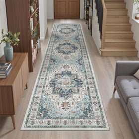 Madane Runner Rug 2x8 blue in living room showcases soft, washable design.