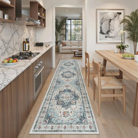 Madane Runner Rug 2x8 blue close-up showing low-pile texture ideal for doors.