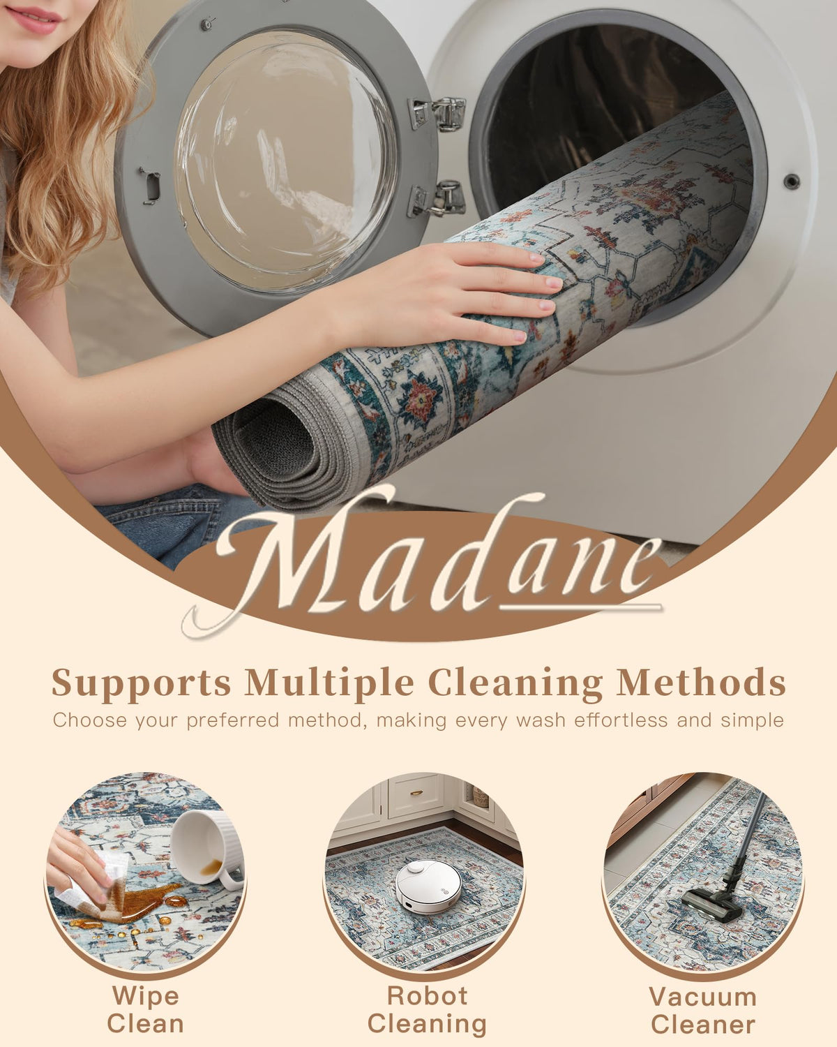 Madane Runner Rug 2x8 blue machine-washable fibers for easy cleaning.