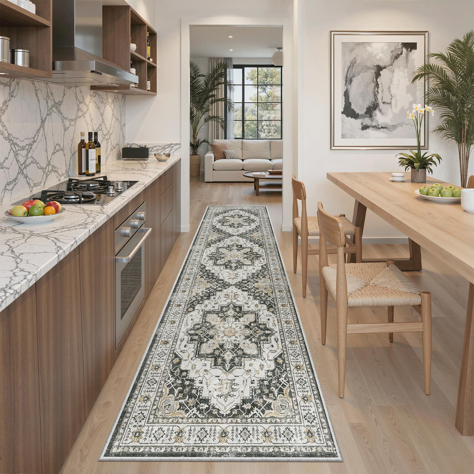 Madane Runner Rug 2x8 front view in black, ideal for defining entryways and protecting floors.
