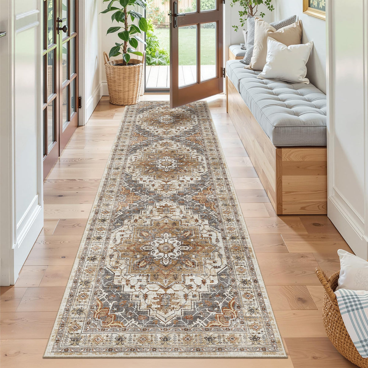 Madane Runner Rug 2x8 low-pile texture ideal for smooth door movement.