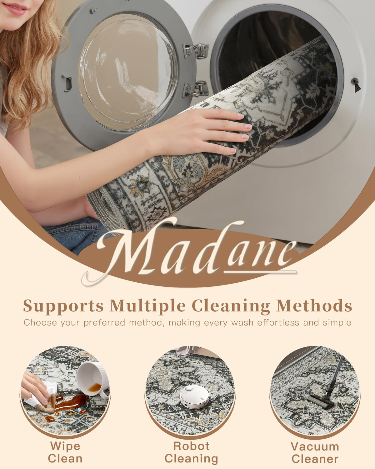 Madane Runner Rug 2x8 washable design, simple deep cleaning option.