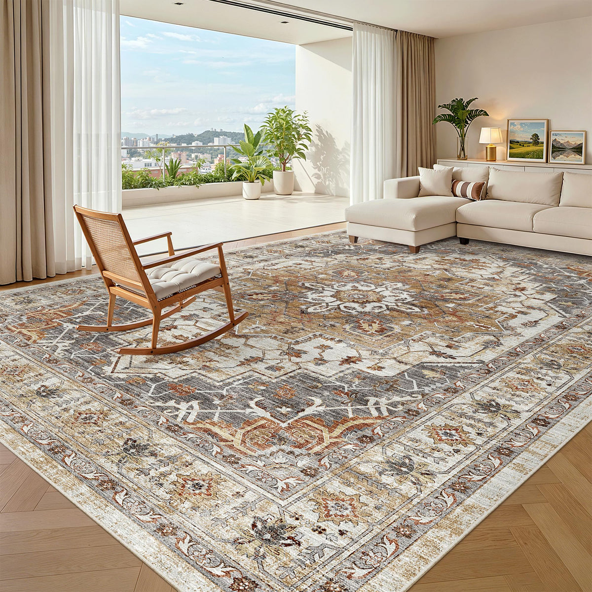 Madane washable rug 8x10 turmeric-grey floral pattern suitable for busy homes