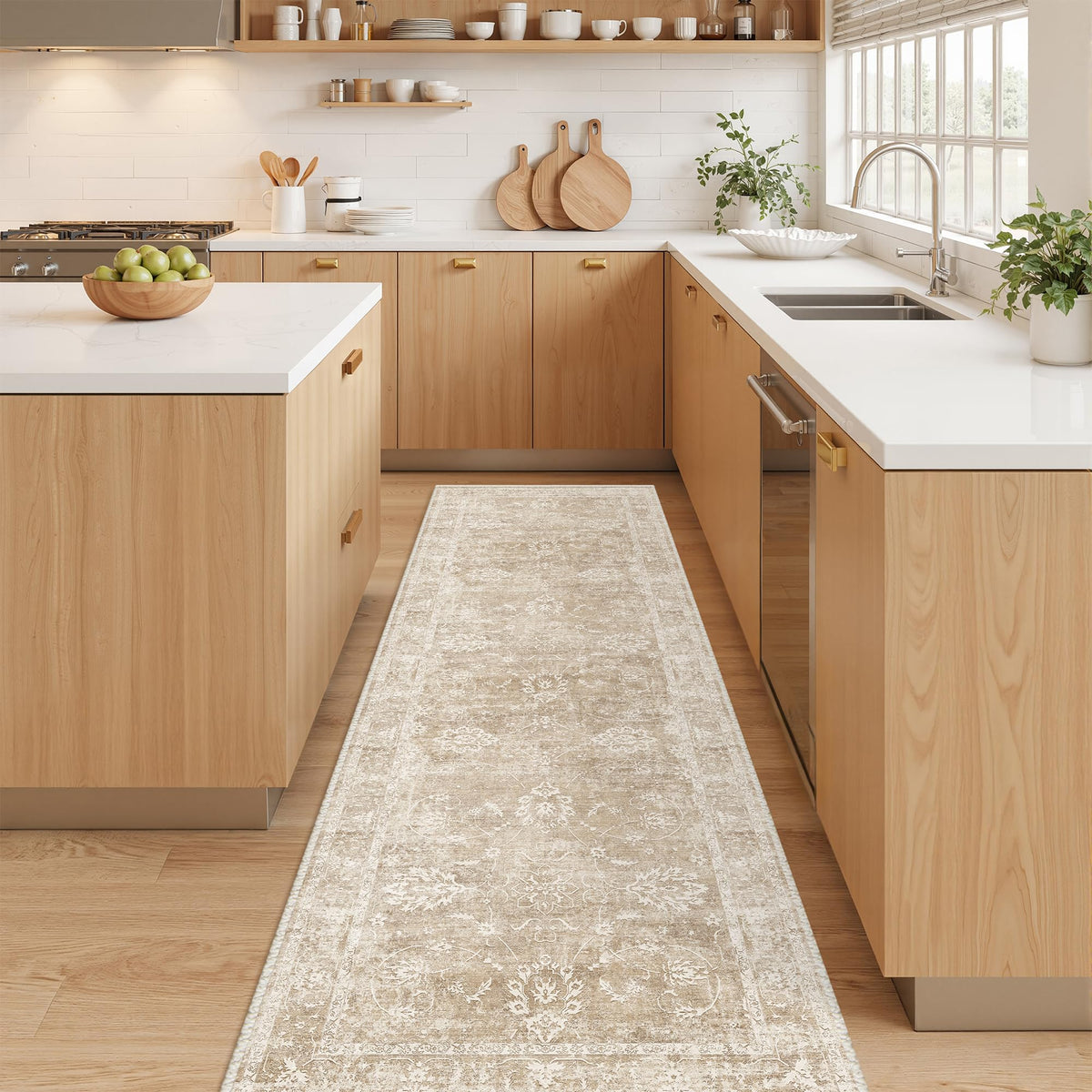 Madane washable runner rug in beige-brown enhances entryway with non-slip comfort.
