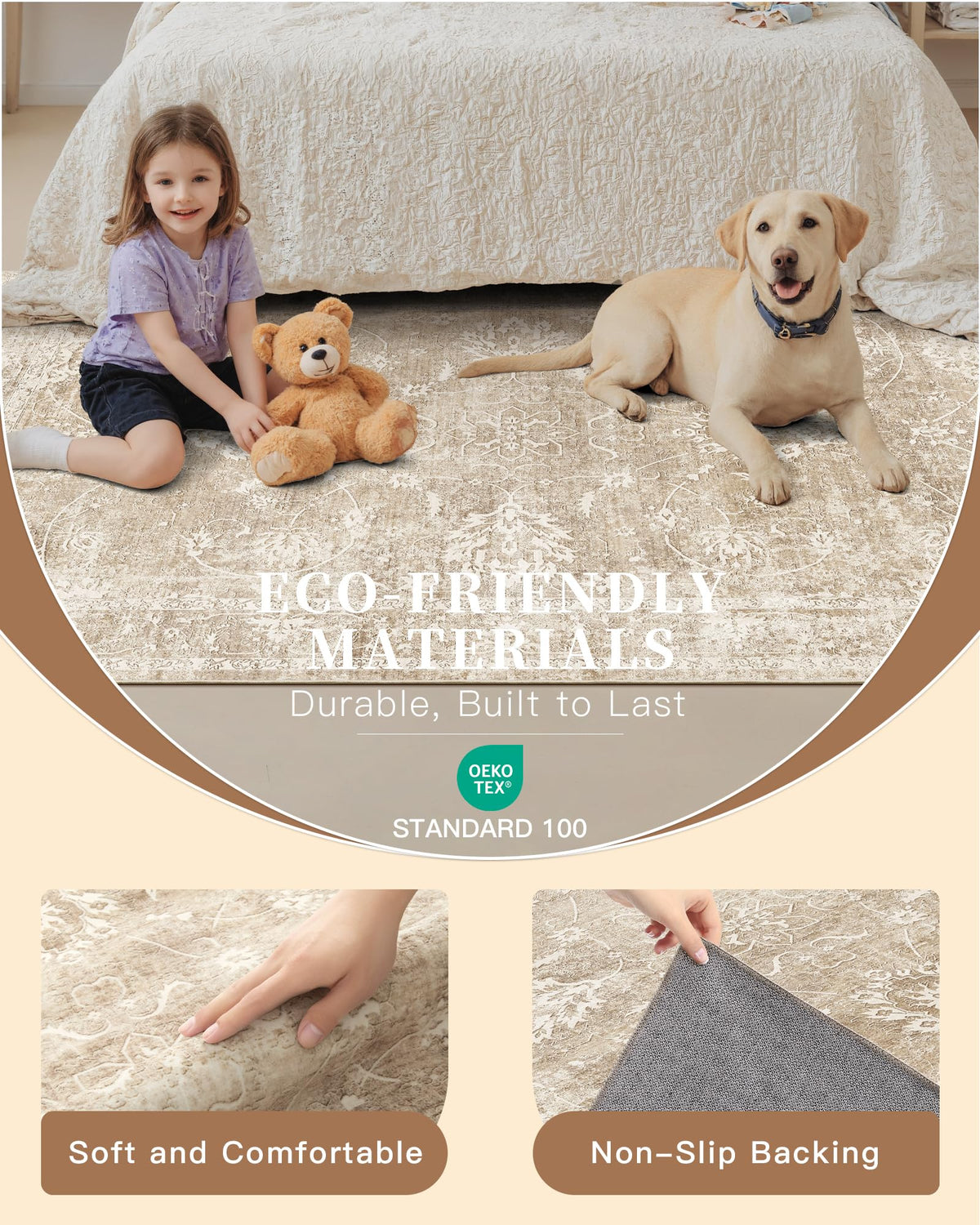 Machine washable Madane rug saves time with quick air-dry care.