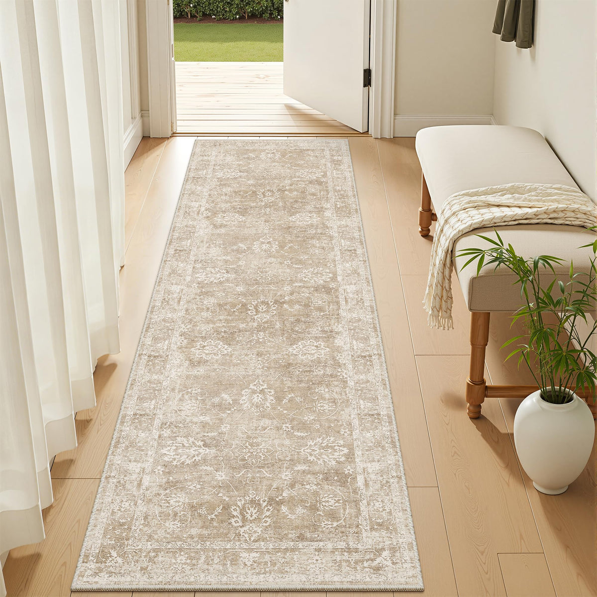 Madane washable runner rug adds easy-clean convenience to busy kitchen.