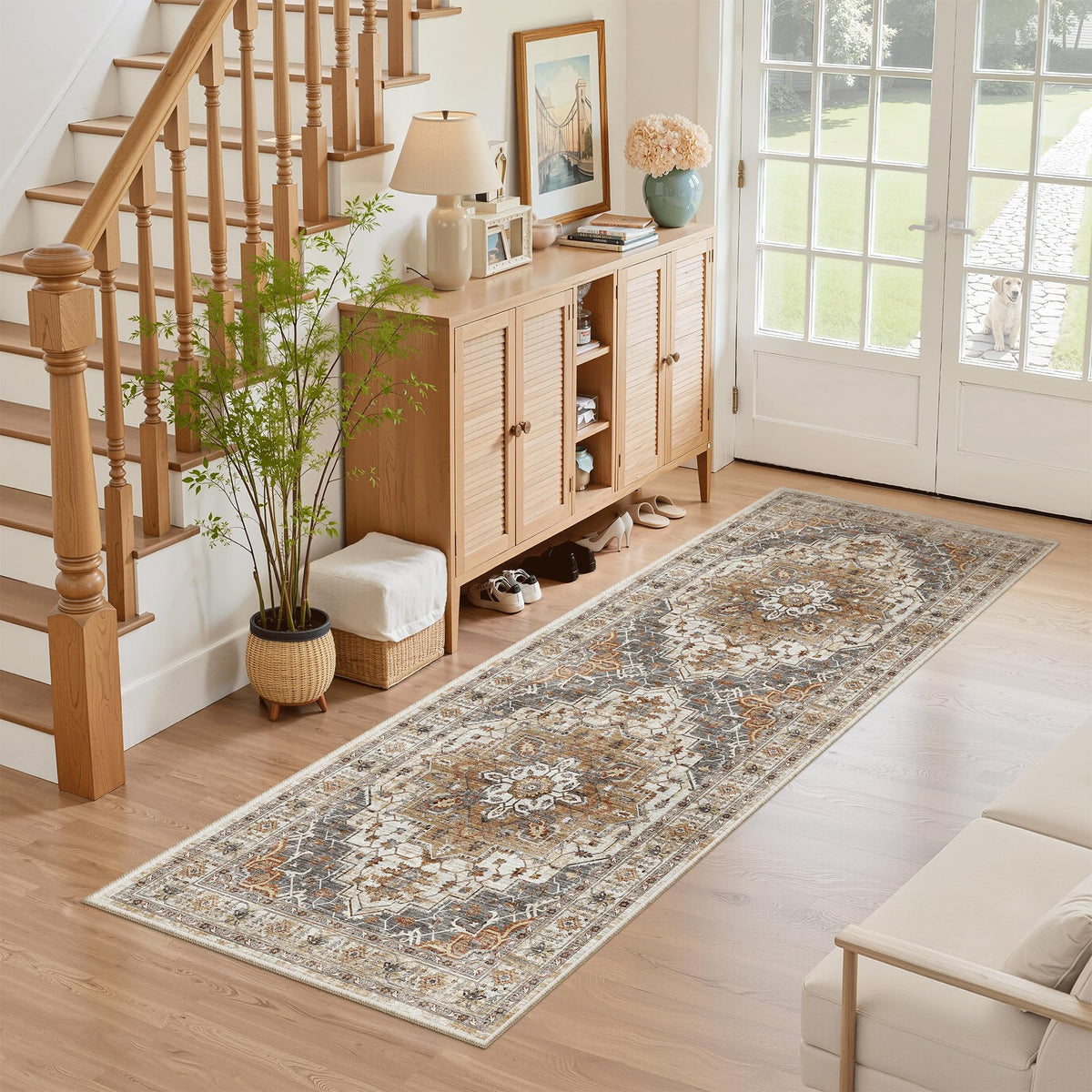 Madane front door runner in turmeric grey with non-slip backing improves entryway safety