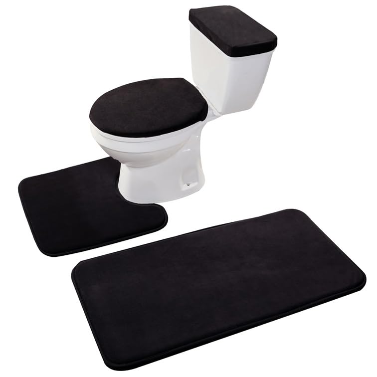 Madeals memory foam bathroom rug 4pc set in black shows plush pile and cushioning.