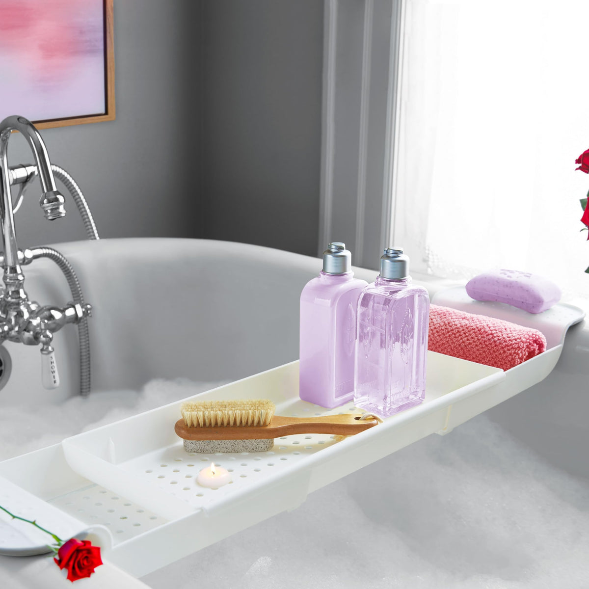 Madesmart Expandable Bath Shelf extended length showing fit for larger tubs.