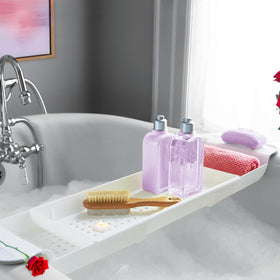 Madesmart Expandable Bath Shelf extended length showing fit for larger tubs.