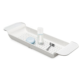 Madesmart Expandable Bath Shelf front view holding soap and razor within reach.