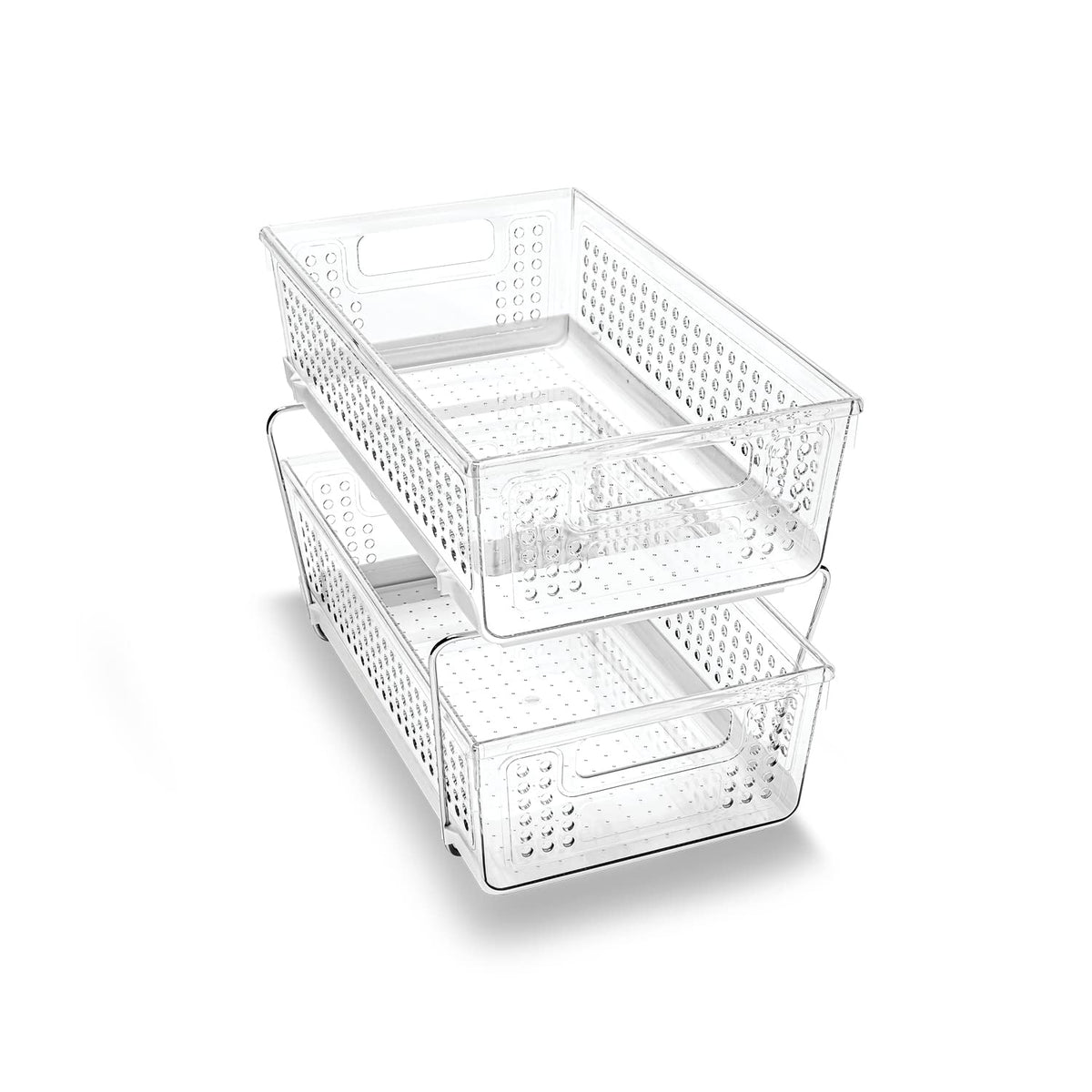 Madesmart under-sink pullout baskets help keep bathroom essentials organized and accessible.