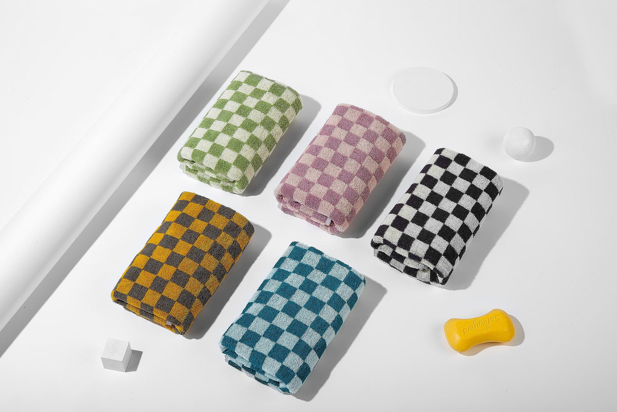 Madi-Cadi hand towels 5-pack blue checkered design for vibrant kitchen and bath decor.