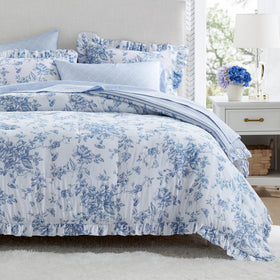 Madison Park Adele blue floral comforter on bed, soft and breathable all-season comfort