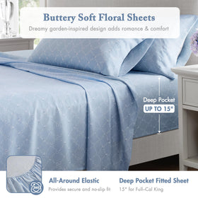 Adele blue floral fitted sheet shown on mattress
