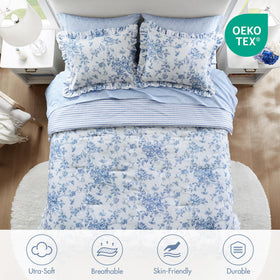 Adele blue floral flat sheet laid across bed